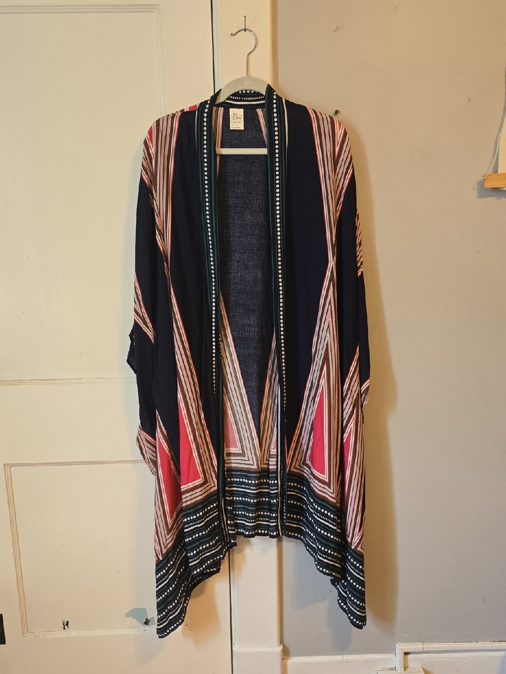 Open Front Geometric Print Kimono Cardigan/duster - Navy & Pink